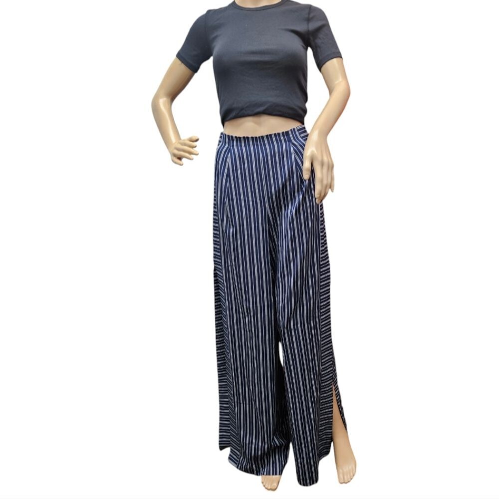 Prettylittlething Navy Blue Striped High Side Slit Pants